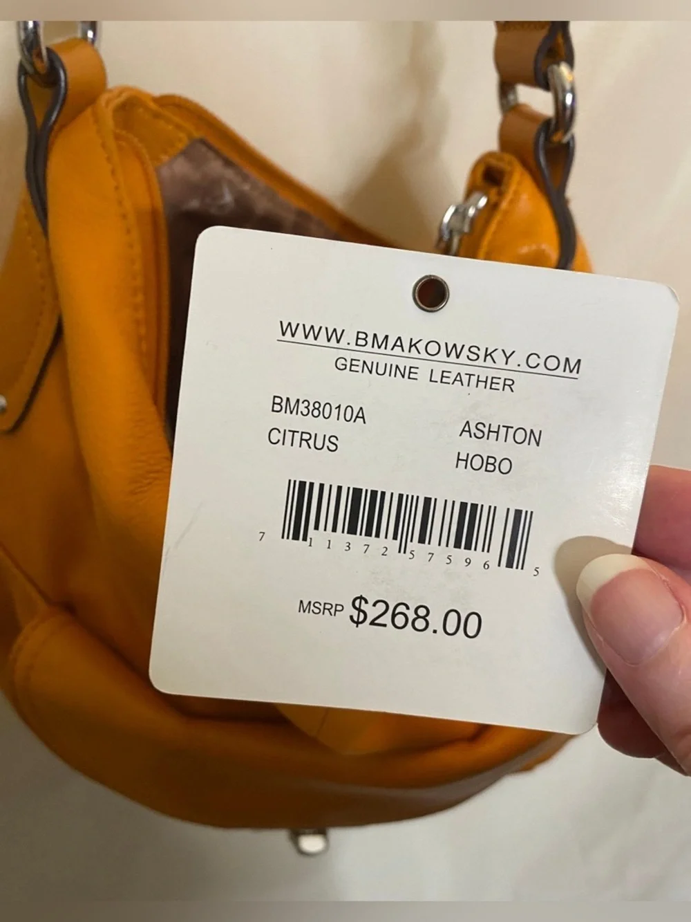 B. Makowsky Genuine Leather Ashton Orange Citrus Hobo Bag
